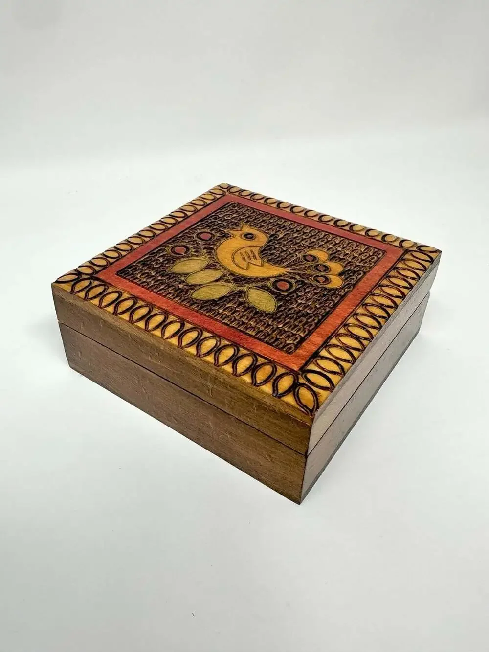 Mid-Century Polish Folk Art Wooden Bird Trinket Box from Poland vtg pyrography